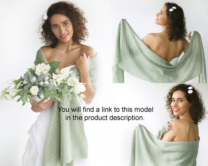 May include: A sage green knitted shawl draped over a person's shoulders. The shawl is soft and lightweight, making it perfect for a wedding or other special occasion.