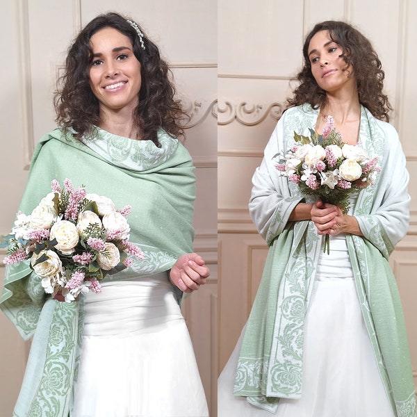 Sage green with white wedding wrap, celadon bridal shawl, bridal cover up, wedding bolero, greenery knitted shawl, pale green capelet