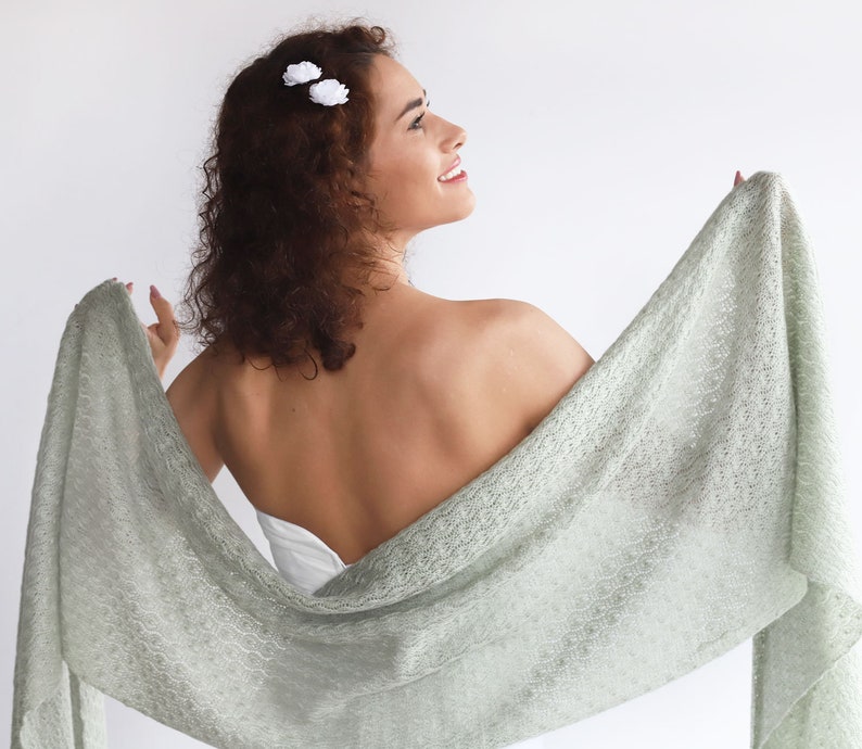 Antique sage green wedding wrap, celadon bridal shawl, bridal cover up, wedding bolero, green knitted shawl, pale green capelet, bridal cape image 2