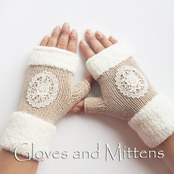 Beige Embroidered gloves Fingerless Knitted Hand Warmers Fingerless Mitts Wrist Warmers Fall Winter Fingerless Mittens Beige Gloves