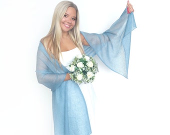 Lightweight Mohair and Silk Wedding Shawl: Dusty Blue Knitted Bridal Wrap, Bridesmaid Knit Cover-Up