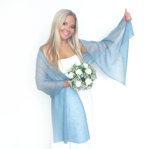 Lightweight Mohair and Silk Wedding Shawl: Dusty Blue Knitted Bridal Wrap,  Bridesmaid Knit Cover-up - Etsy