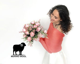 Korallenfarbener Hochzeitspullover aus Merinowolle, Brautjacet, Brautpullover, lange Ärmel, Überwurf, Hochzeitsbolero, gestrickter Schal mit Armen