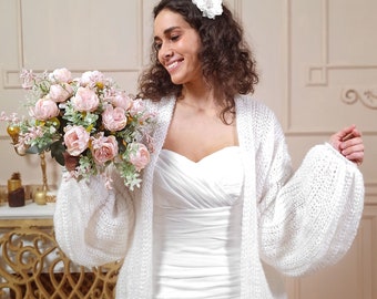 White Mohair Bridal Cardigan: Chunky Knit Wedding Jacket