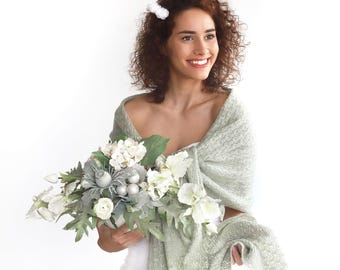 Chal de boda verde salvia antiguo, chal de novia celadón, capa de novia, bolero de boda, chal de punto verde, capa verde pálido, capa de novia