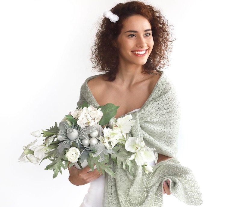 Knitted Wedding Stole: Sage Green Bridal Cover Up, Bridesmaid Shawl, Plus Size available image 3