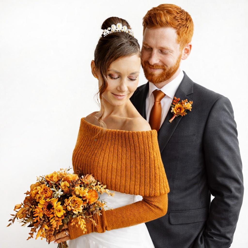 Knitted Bridal Wrap Copper Color, Shoulder Wedding Shrug with Long Gloves, Bridesmaid Cover Up
