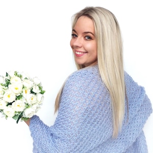 Mohair light blue wedding wrap, chunky bridal shawl, bridal cover up, wedding bolero, knitted blue shawl for winter wedding, plus size too