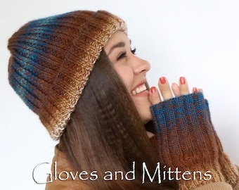 Knit Brown-to-Blue Gradient Wool Beanie and Fingerless Gloves Set