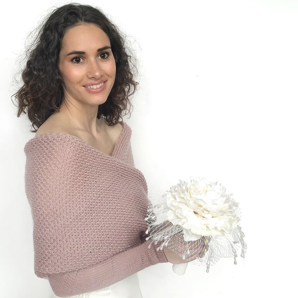 Haussement d'épaules caramel à manches longues pour mariage, pull de mariée, jacet en tricot, pull, couverture pour la mariée, boléro de mariage, écharpe avec bras