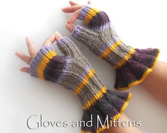 Fingerless gloves, hand warmers, wrist warmers, striped gloves, knitted gloves beige burgundy yellow violet, gift for woman, Christmas gift
