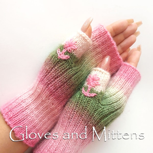 Gants sans doigts d’automne rose et vert, gants en laine dégradée, chauffe-mains sans doigts, chauffe-poignets, gants tricotés au crochet pour filles.