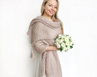 Knitted Mohair Wedding Wrap: Chunky Knit Bridal Shawl, Beige Cover-Up