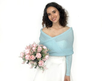 Maglione da sposa azzurro, giacca da sposa, maglione da sposa, coprispalle a maniche lunghe, copricostume, bolero da sposa, sciarpa lavorata a maglia con braccia