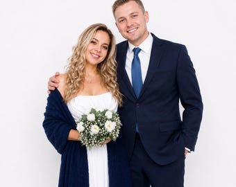 Dark Blue Knitted Bridal Shawl: Bridesmaid Knit Wool Wedding Wrap