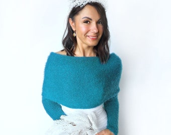 Türkise Hochzeitsjacke, blauer Cabrio Brautpullover, langer Ärmel Shrug, Cover Up, Hochzeitsjacke, Strickschal mit Armen türkis