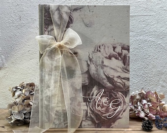 Personalized Linen Photo Album: Peonies, Custom Initials
