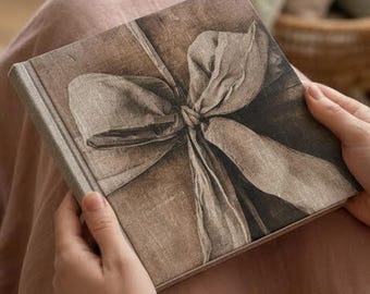 Hardcover Linen Notebook, Bow Illustration, Blank Ivory Pages, Hand Bound Journal