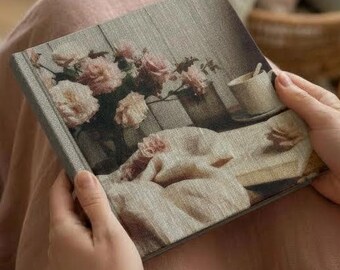 Handmade Linen Journal, Floral Coffee Cup Print, Blank Ivory Pages