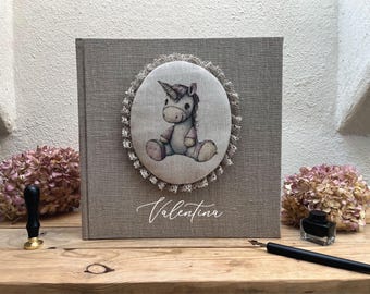Handcrafted Unicorn Photo Album: Linen Fabric, Custom Name