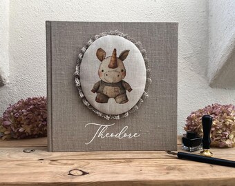 Personalized Linen Photo Album: Boy Unicorn, Vintage Style