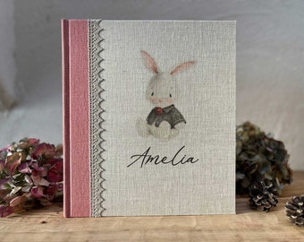 Personalized Linen Photo Album: Hand-Painted Bunny Illustration digitally printed on Linen fabric.