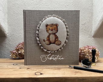 Handcrafted Linen Photo Album for Boys: Custom Tiger Illustration
