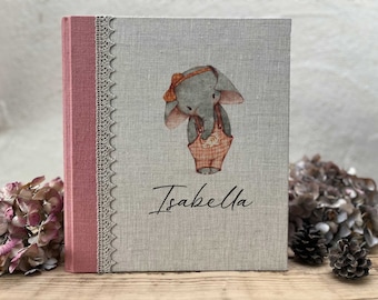 Personalized Linen Baby Photo Album: Elephant Illustration with Custom Name.