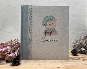 Personalized Linen Baby Photo Album: Hand-Painted Bradley Bear