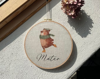Custom Name Embroidery Hoop: Skating Bear Linen Nursery Art