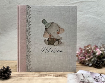 Personalized Linen Baby Photo Album: Hand-Painted Elephant Ellie