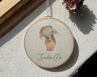 Custom Nursery Name Sign: Baby Elephant Linen Embroidery Hoop