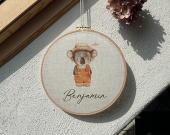 Custom Baby Name Sign: Koala Bear, Natural Linen Nursery Decor