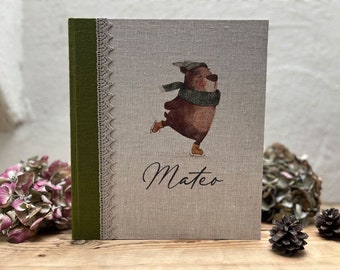 Personalized Linen Photo Album: Skating Bear Illustration