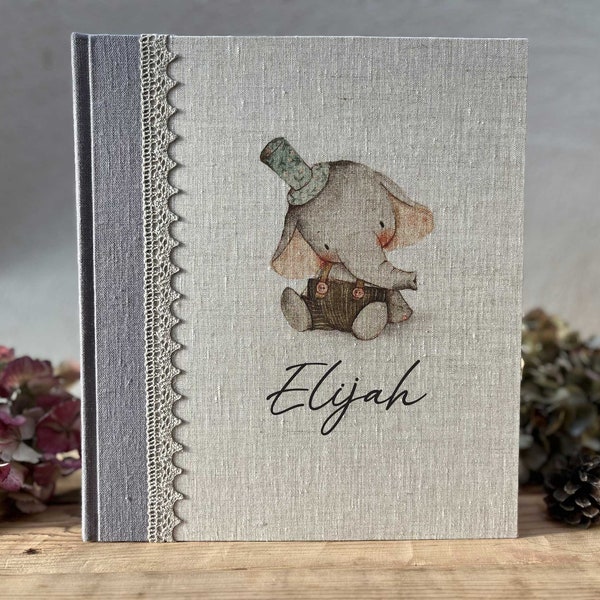 Personalized Linen Photo Album With Cute Hand Drawn Illustration "Elephant Ellie" and Customized Child's Name.