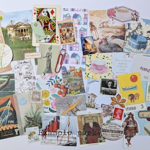 May include: A collection of vintage ephemera, including playing cards, postcards, and stickers. The assortment features illustrations of buildings, animals, and people, with text like "Noel" and "Example pack". The color palette includes shades of blue, pink, and beige.