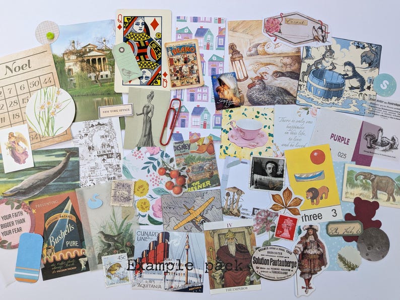 May include: A collection of vintage ephemera, including playing cards, postcards, and stickers. The assortment features illustrations of buildings, animals, and people, with text like "Noel" and "Example pack". The color palette includes shades of blue, pink, and beige.