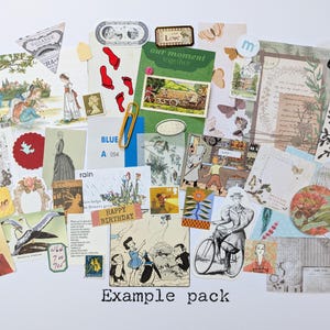 May include: A collection of vintage ephemera, including postcards, stamps, and decorative paper cutouts. The assortment features illustrations of people, flowers, and butterflies, with the text "Example pack" at the bottom.