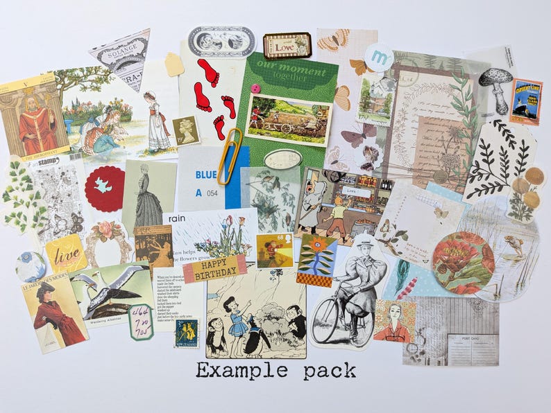 May include: A collection of vintage ephemera, including postcards, stamps, and decorative paper cutouts. The assortment features illustrations of people, flowers, and butterflies, with the text "Example pack" at the bottom.