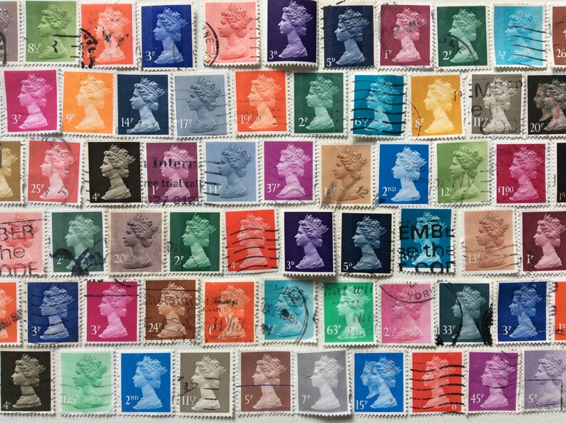 May include: A collection of vintage postage stamps featuring a profile of Queen Elizabeth II. The stamps are in various colors and denominations, including 3 pence, 9 pence, 14 pence, 2 pence, 5 pence, 20 pence, 37 pence, 100 pence, 1 pence, 2nd, 12 pence, 13 pence, 24 pence, 63 pence, 33 pence, 45 pence, 5 pence, 7 pence, 15 pence, and 2nd. The stamps are arranged in rows and columns on a white background.