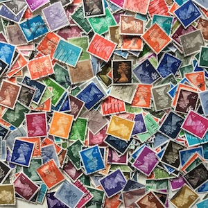 50x used Queen Elizabeth UK rainbow machin postage stamps | scrapbooking | mixed media | ephemera | junk journal image 1