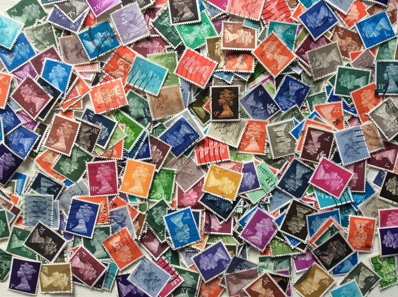 50x used Queen Elizabeth UK rainbow machin postage stamps | scrapbooking | mixed media | ephemera | junk journal image 1