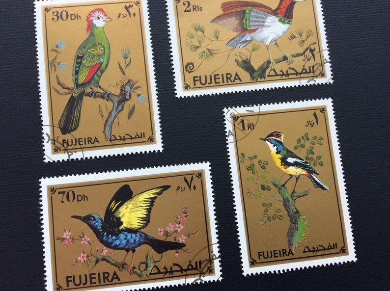 Fujeira 1972 exotic birds gold postage stamps junk journal Etsy
