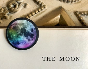 Moon badge pin - Eco friendly rainbow novelty -Nasa gift for him-space pin back button