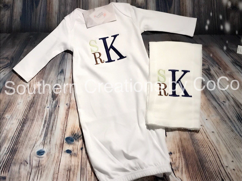 Stacked monogram infant gown and burp cloth