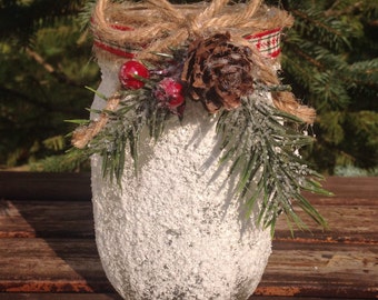 Snowy mason jar / holiday candle holder / Christmas favor / Christmas Mason Jar