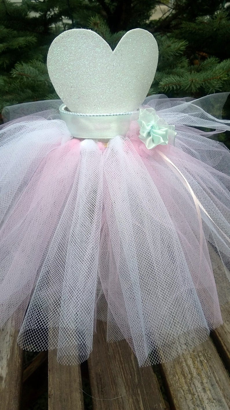 Pode incluir: Um tutu de tule rosa e branco com uma parte superior em forma de cora&ccedil;&atilde;o de glitter prateado. O tutu &eacute; decorado com um la&ccedil;o verde claro.