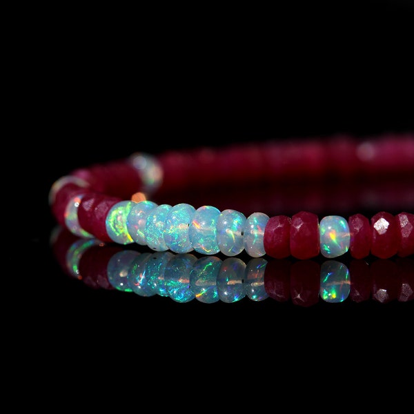 Genuine Ruby and Opal Bracelet, Natural AAA Ethiopian Opal & Red Ruby Jewelry, Sterling Silver, July October Birthstone