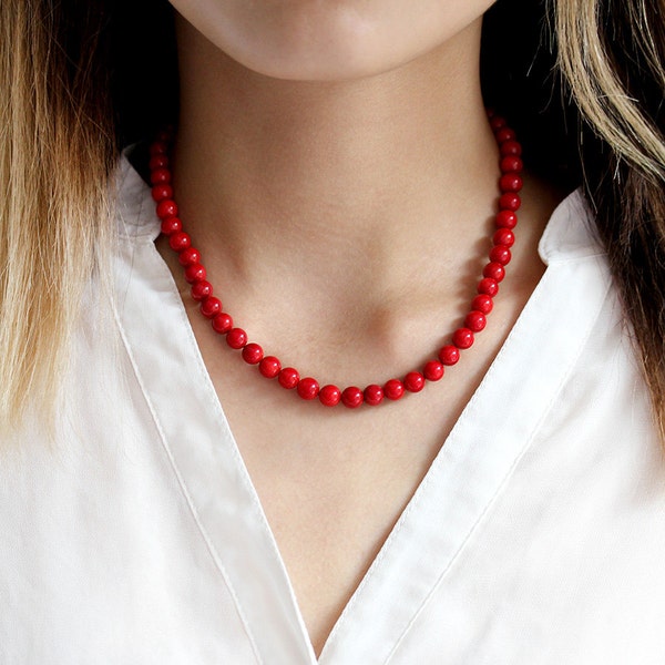 Red coral necklace in custom length, beaded bamboo coral jewellery with a sterling silver clasp, perfect as 35th anniversary gift for wife