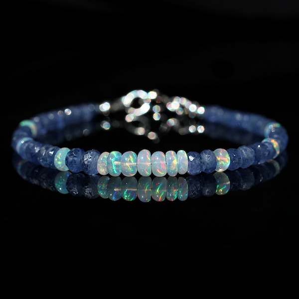 Sapphire & Opal Beaded Bracelet, Genuine Burmese Sapphire AAA Ethiopian Fire Opal Jewelry, September October Birthstone